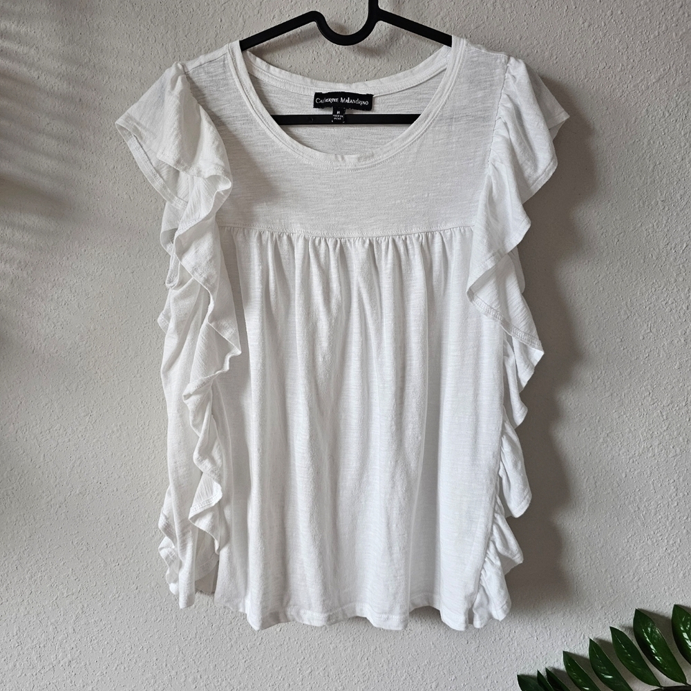 Catherine Malandrino White Ruffle Sleeve Scoop Neck Top